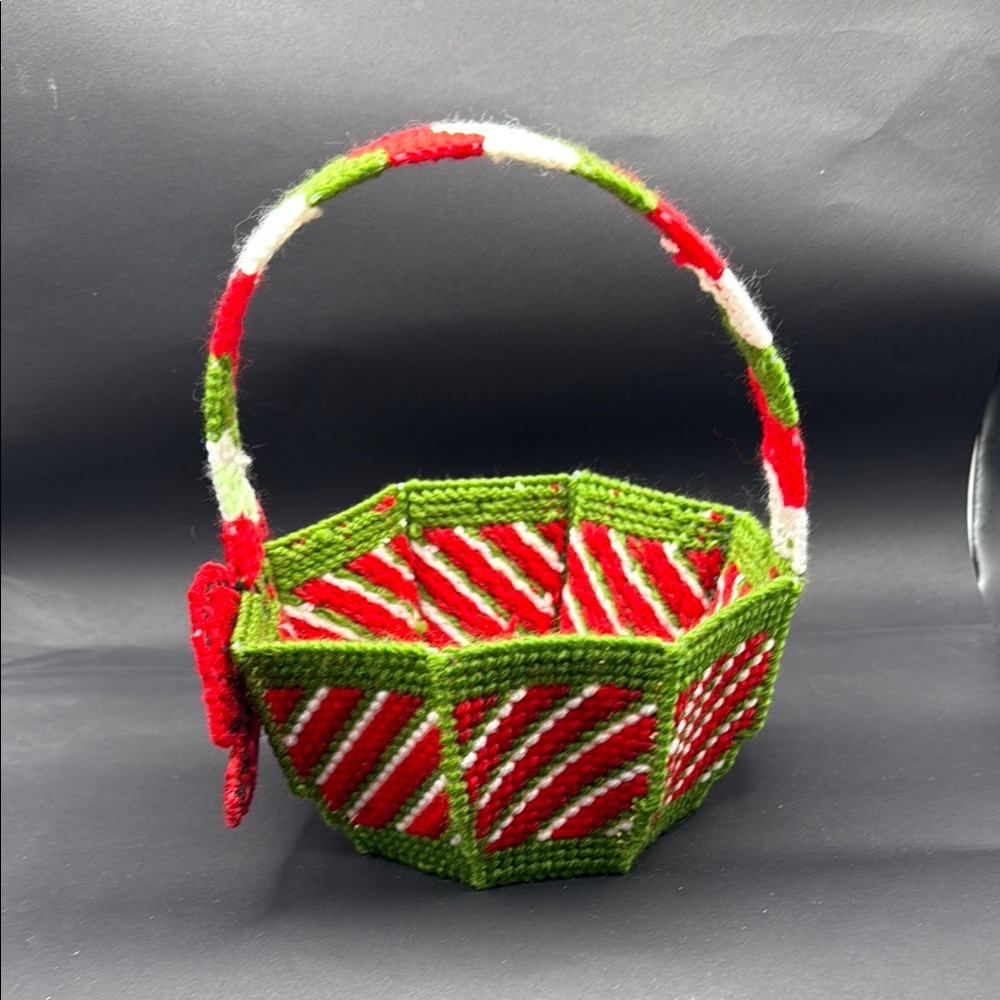 Vintage Needlepoint Small Basket Christmas Festive Red Green Holiday Decor